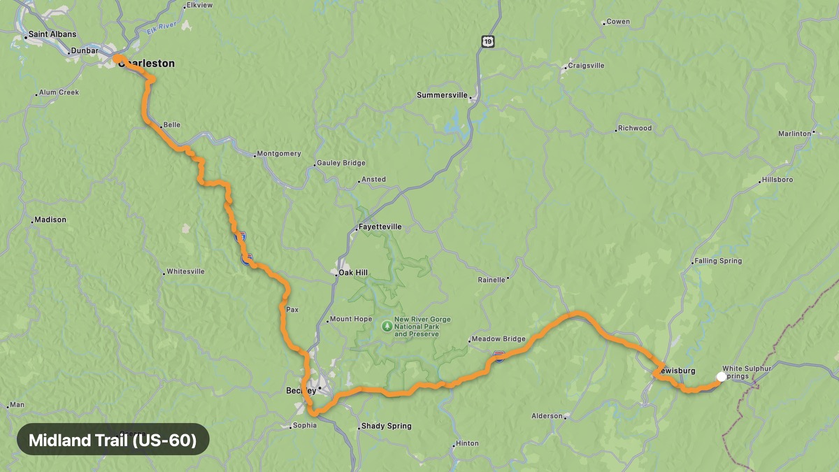 Map of the Midland Trail (US-60) motorcycle route