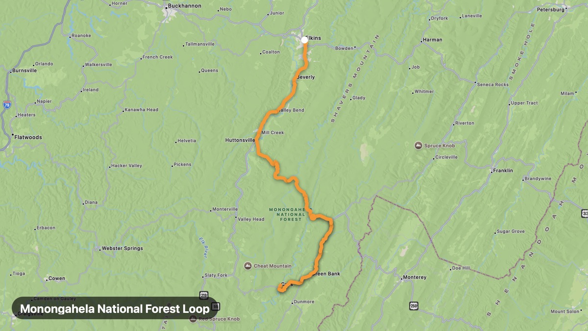 Карта на мото маршрута Monongahela National Forest Loop