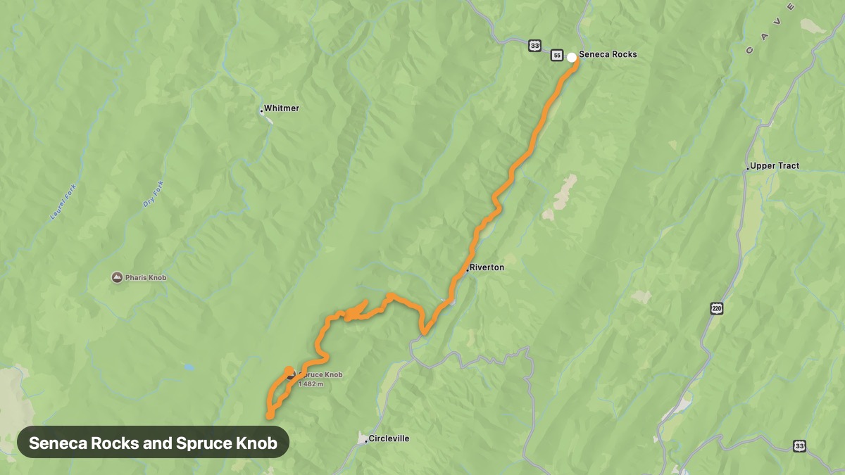 Карта на мото маршрута Seneca Rocks and Spruce Knob