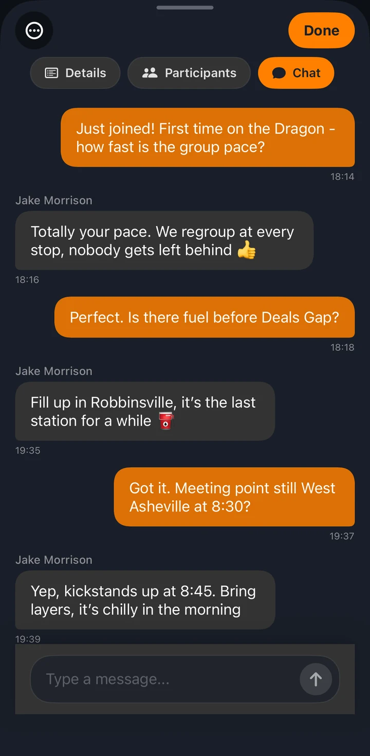 RideCall group chat for an organized ride