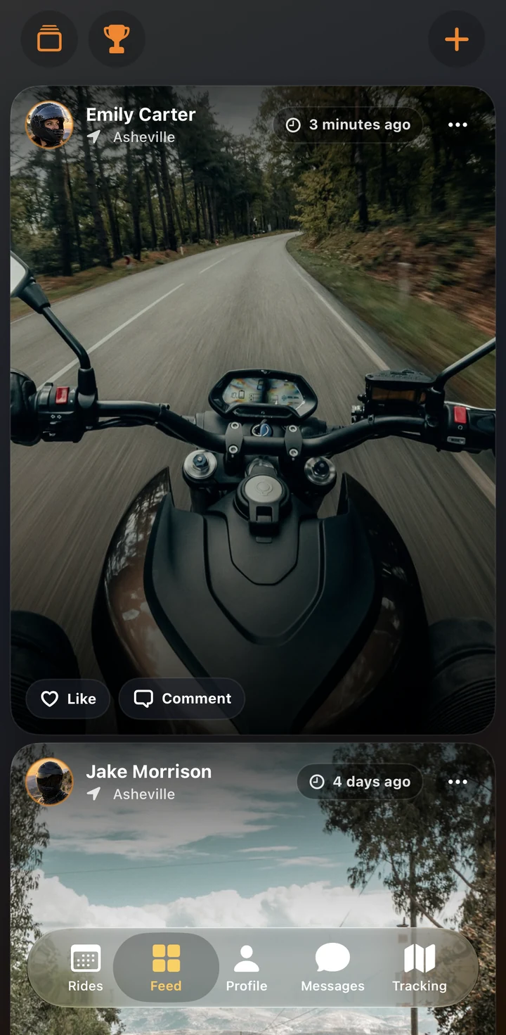 RideCall feed with photos from riders