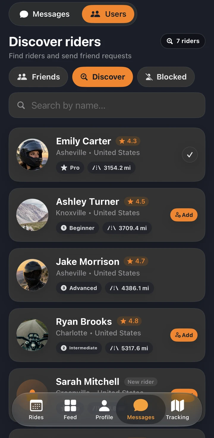 RideCall screen for discovering riders and sending friend requests