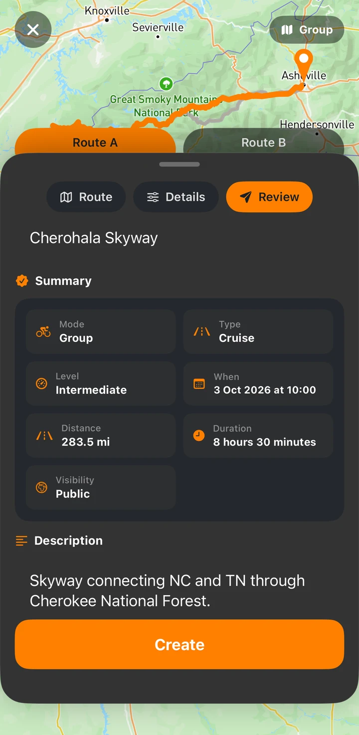 Create a ride: review