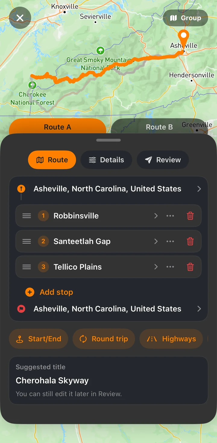 RideCall screen for planning a route with stops and alternative routes on the map