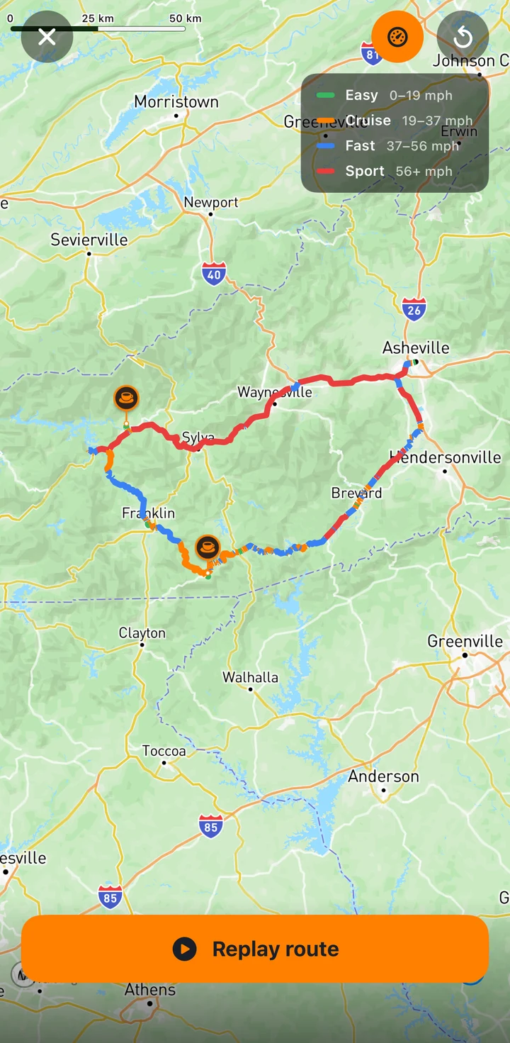 RideCall map with a recorded ride colored by speed
